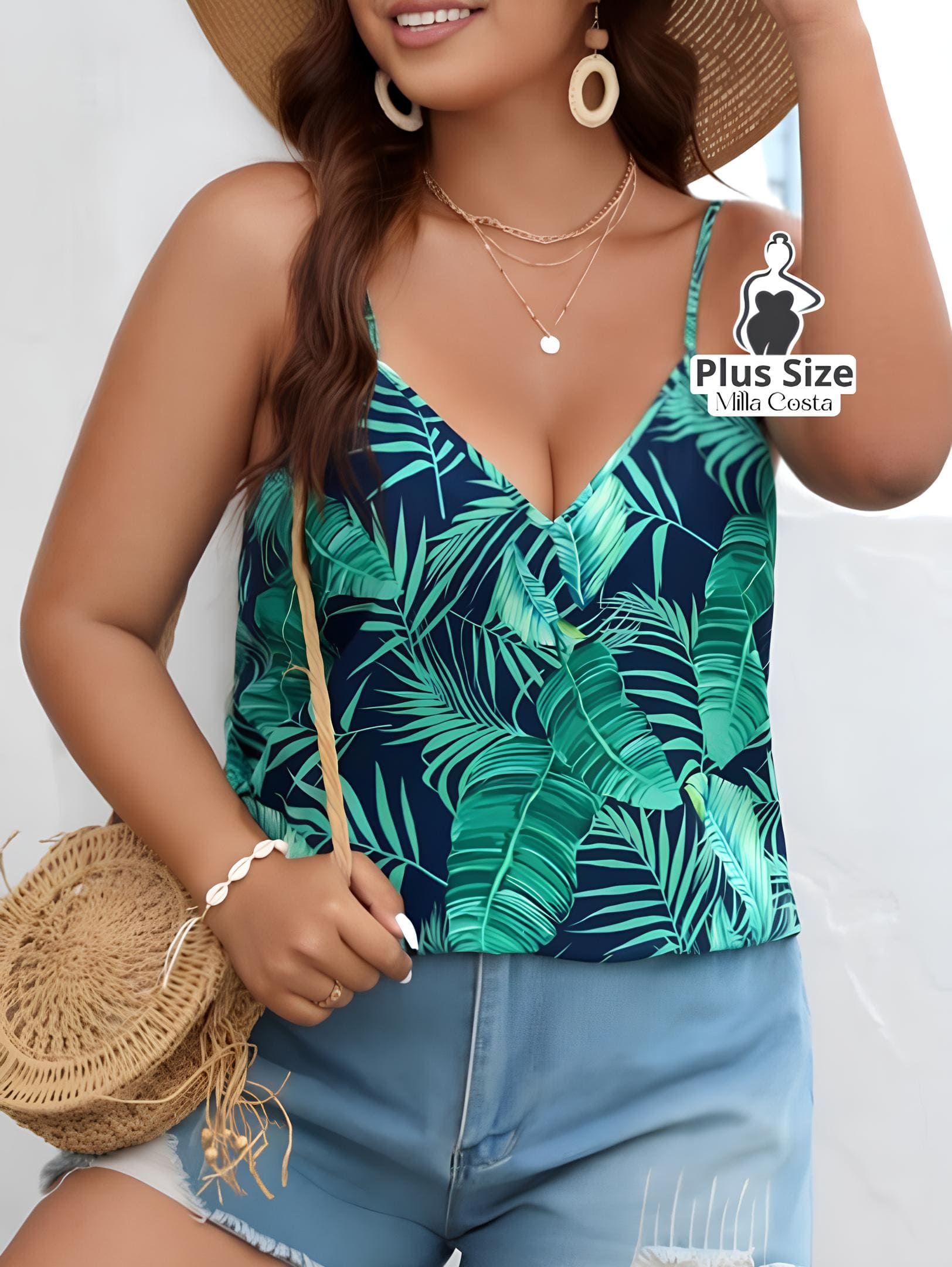 Blusa de Alças Com Estampa Tropical Plus Size