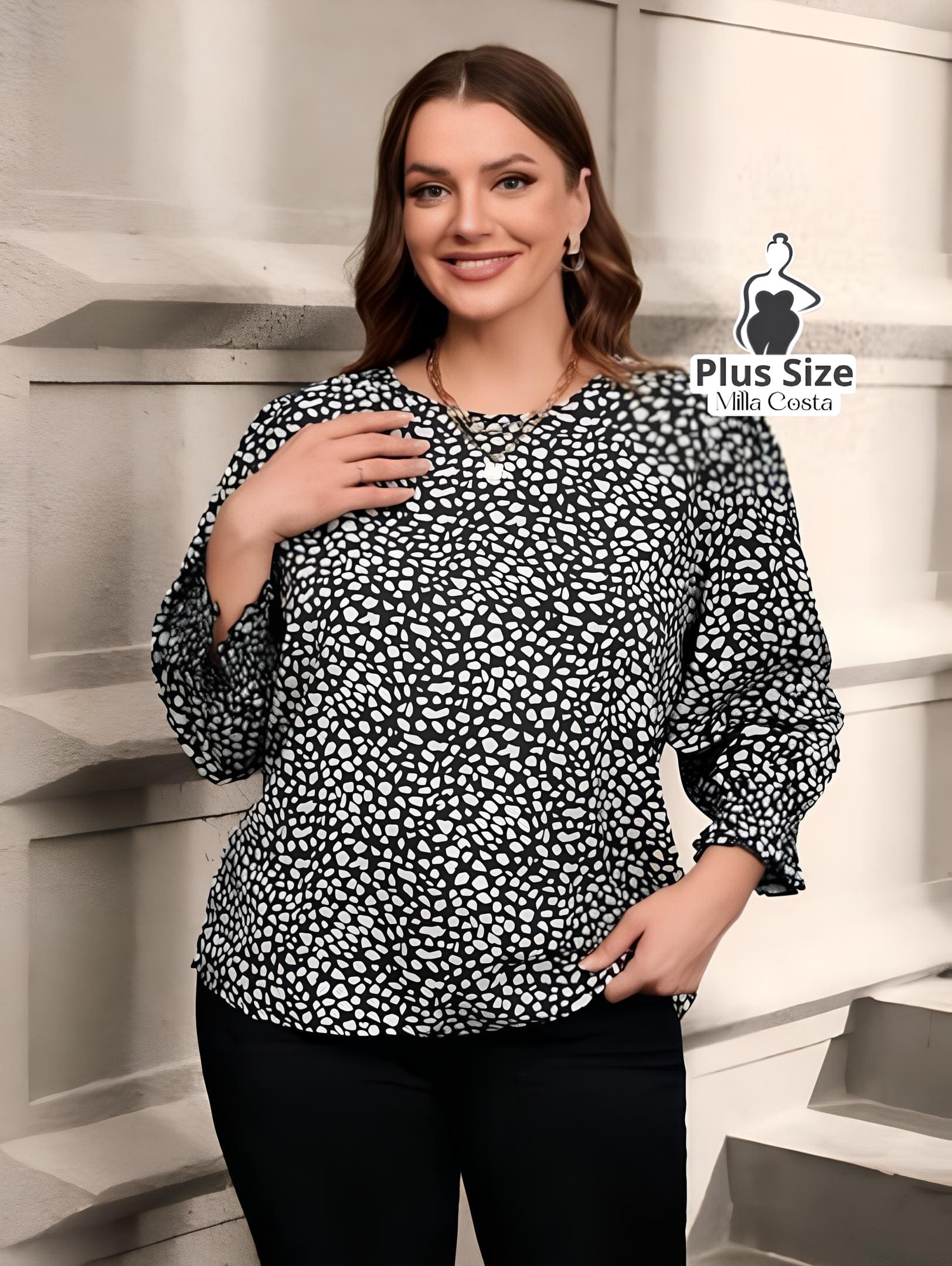 Blusa Estampada de Manga Bufante Plus Size