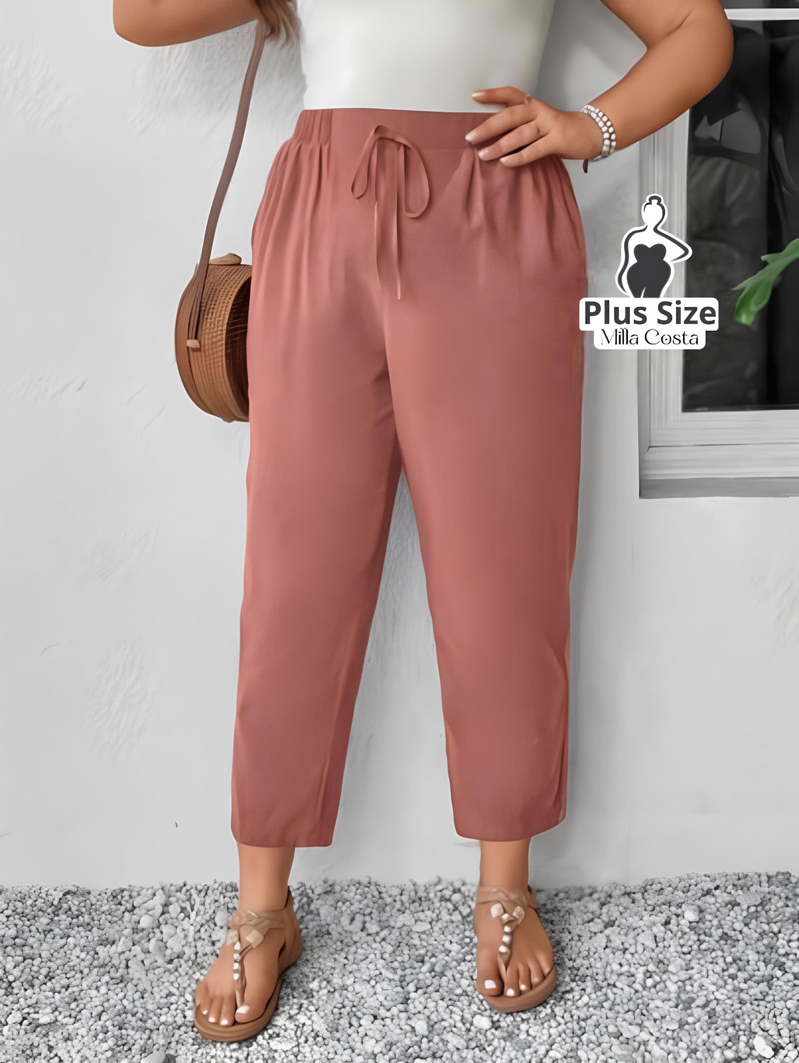 Calça de Cintura Alta Com Cordão Ajustável Plus Size