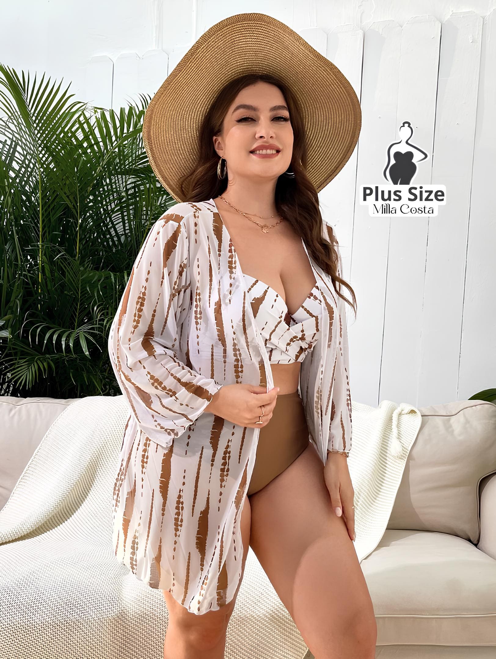 Conjunto De Biquíni Com Saída De Praia Estampada Plus Size