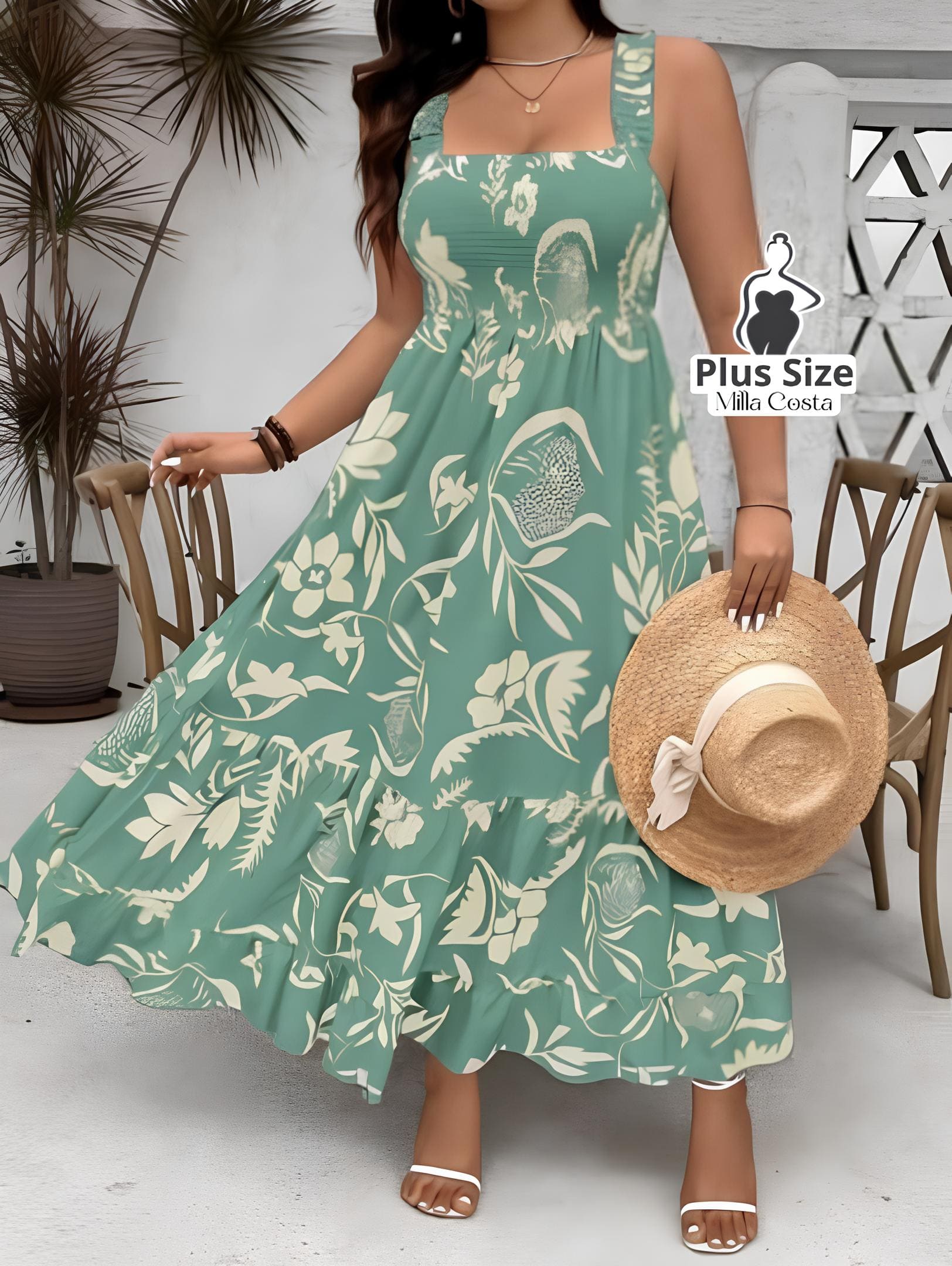 Vestido Longo Estampado com Lastex e Alças Largas Plus Size