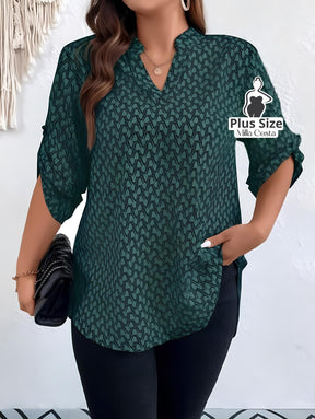 Blusa Estampada Com Decote V e Mangas 3/4 Plus Size