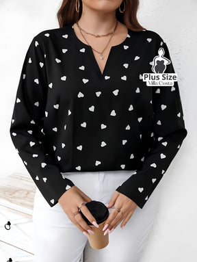 Blusa Estampada de Corações Com Decote em V Plus Size