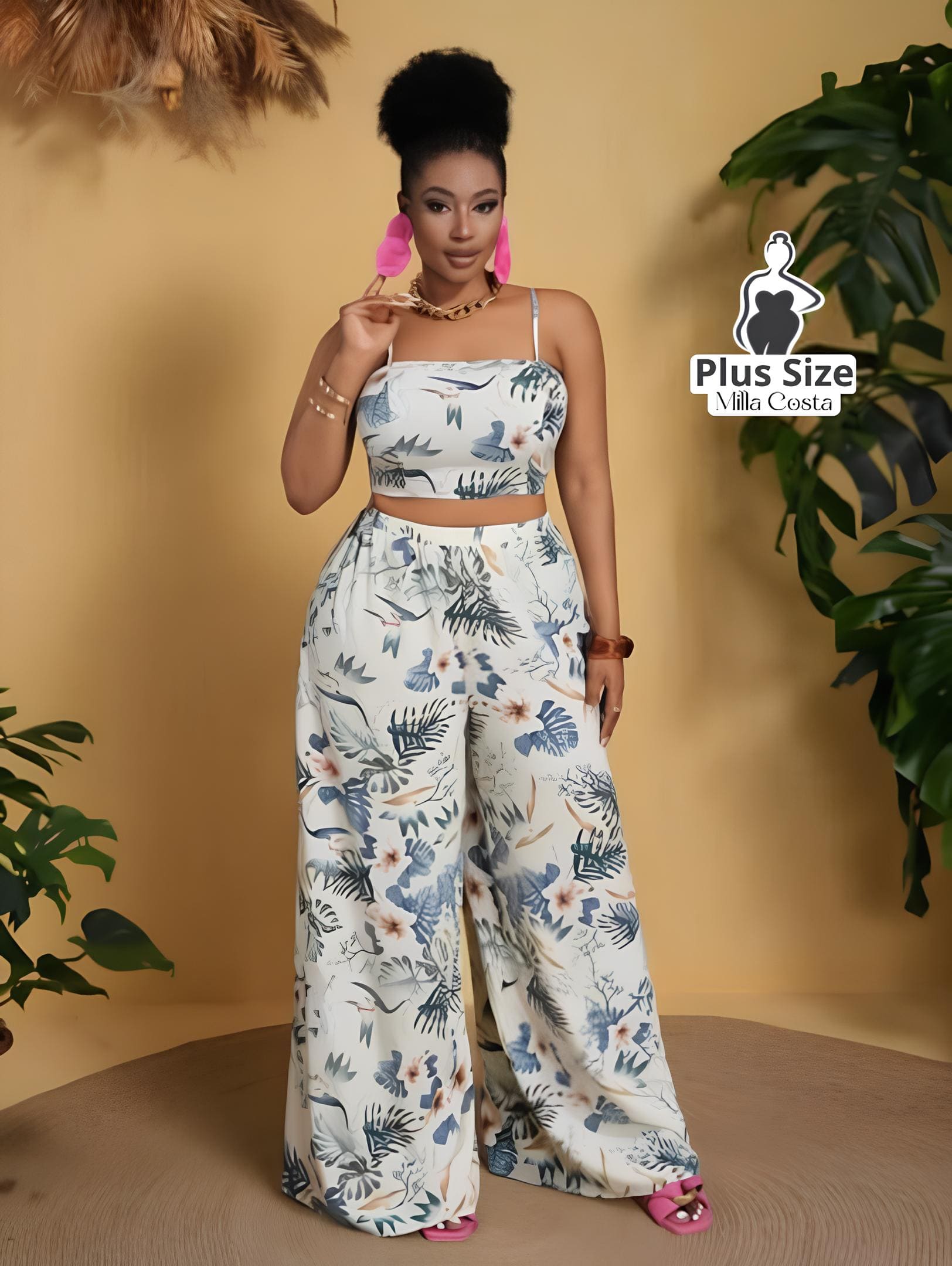 Conjunto Cropped e Calça Pantalona Estampado Plus Size