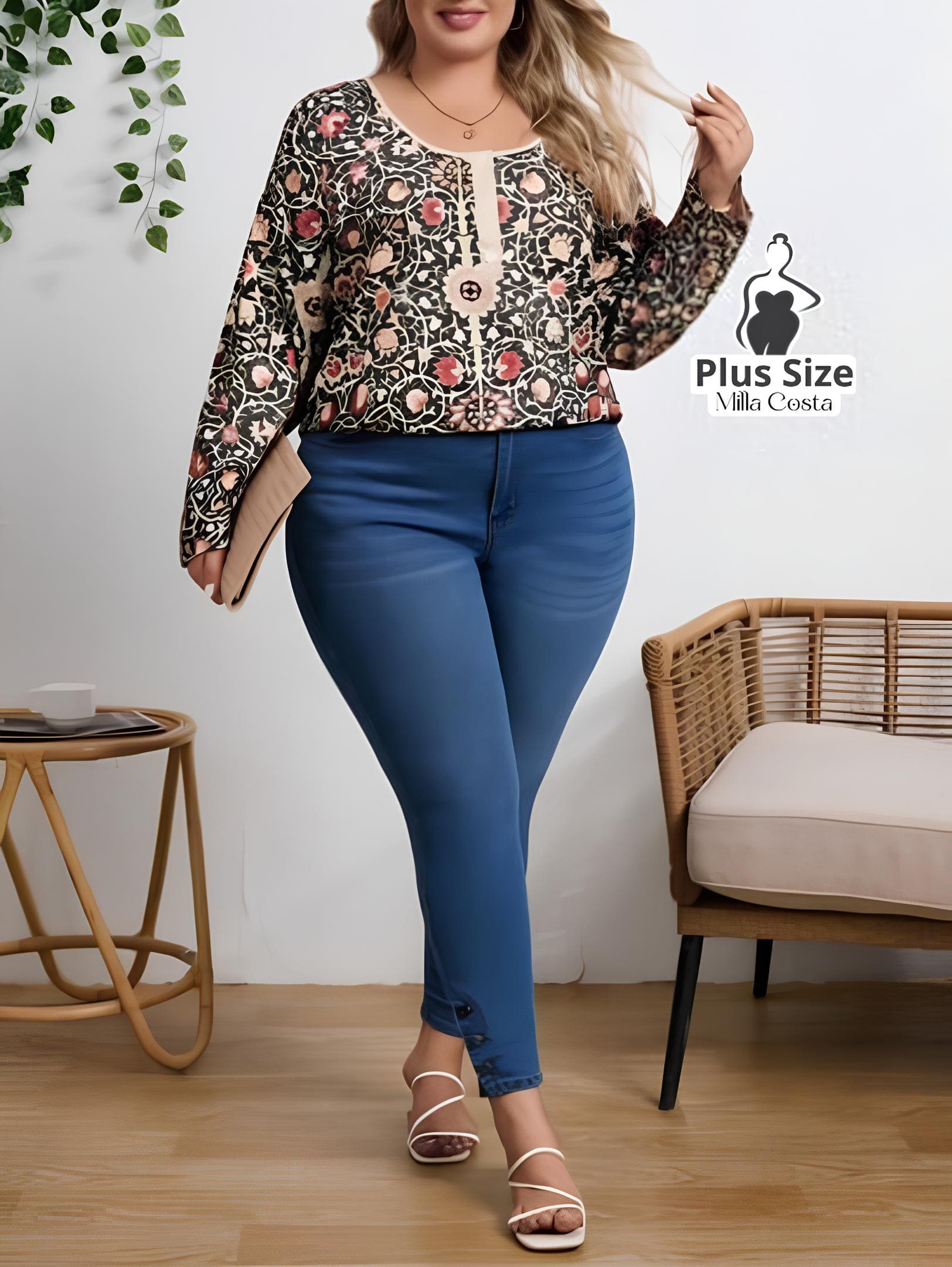 Blusa Estampada Boho Com Botões Decorativos Plus Size