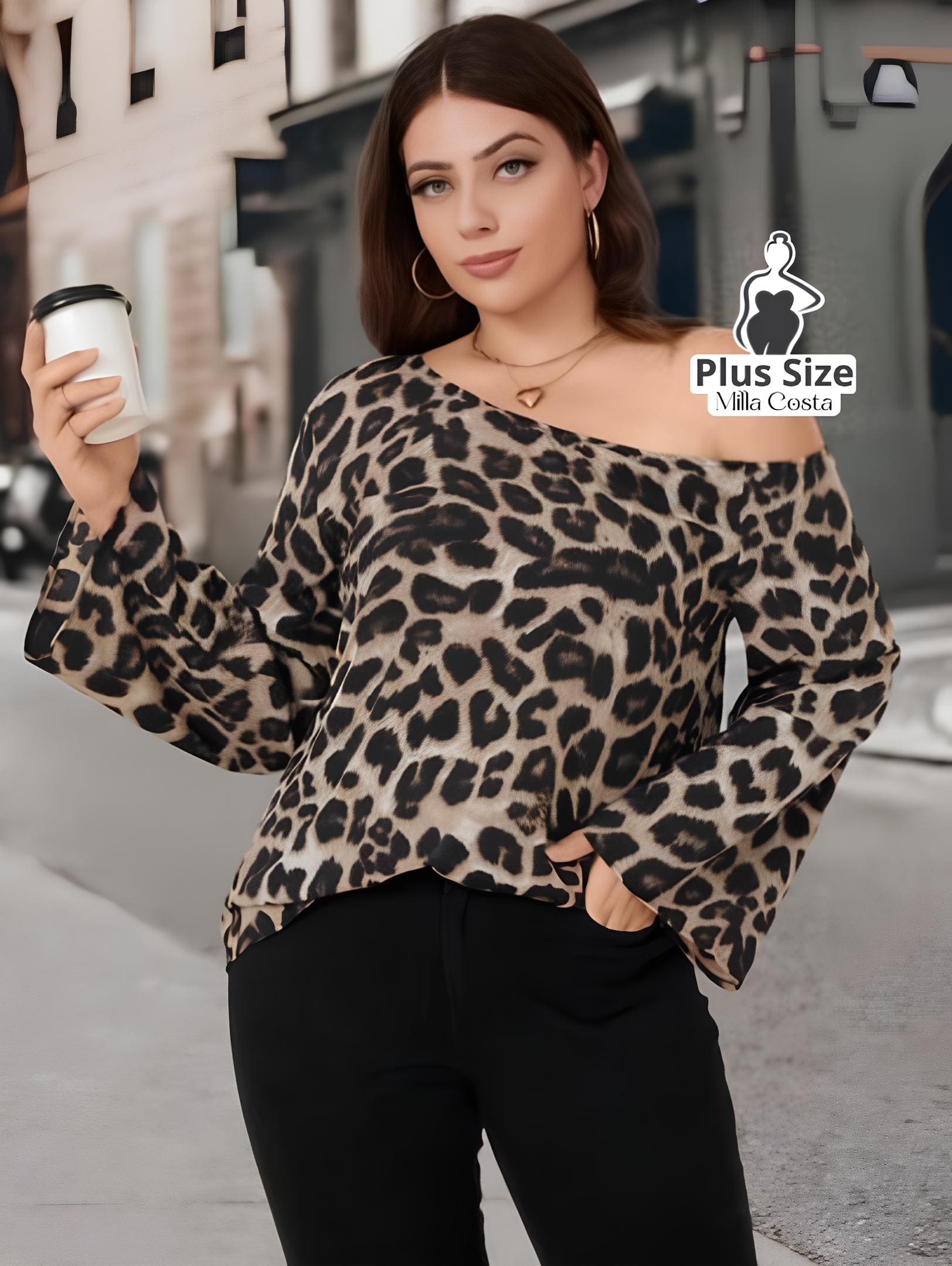 Blusa de Um Ombro Só Com Estampa Animal Print Plus Size