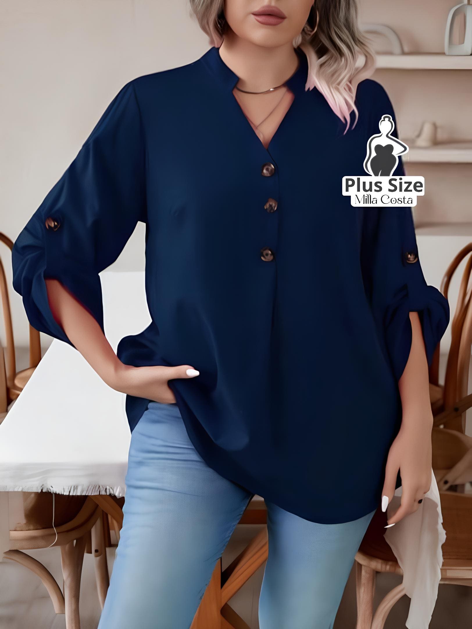 Blusa Feminina Com Botões e Manga 3/4 Casual Elegante Plus Size