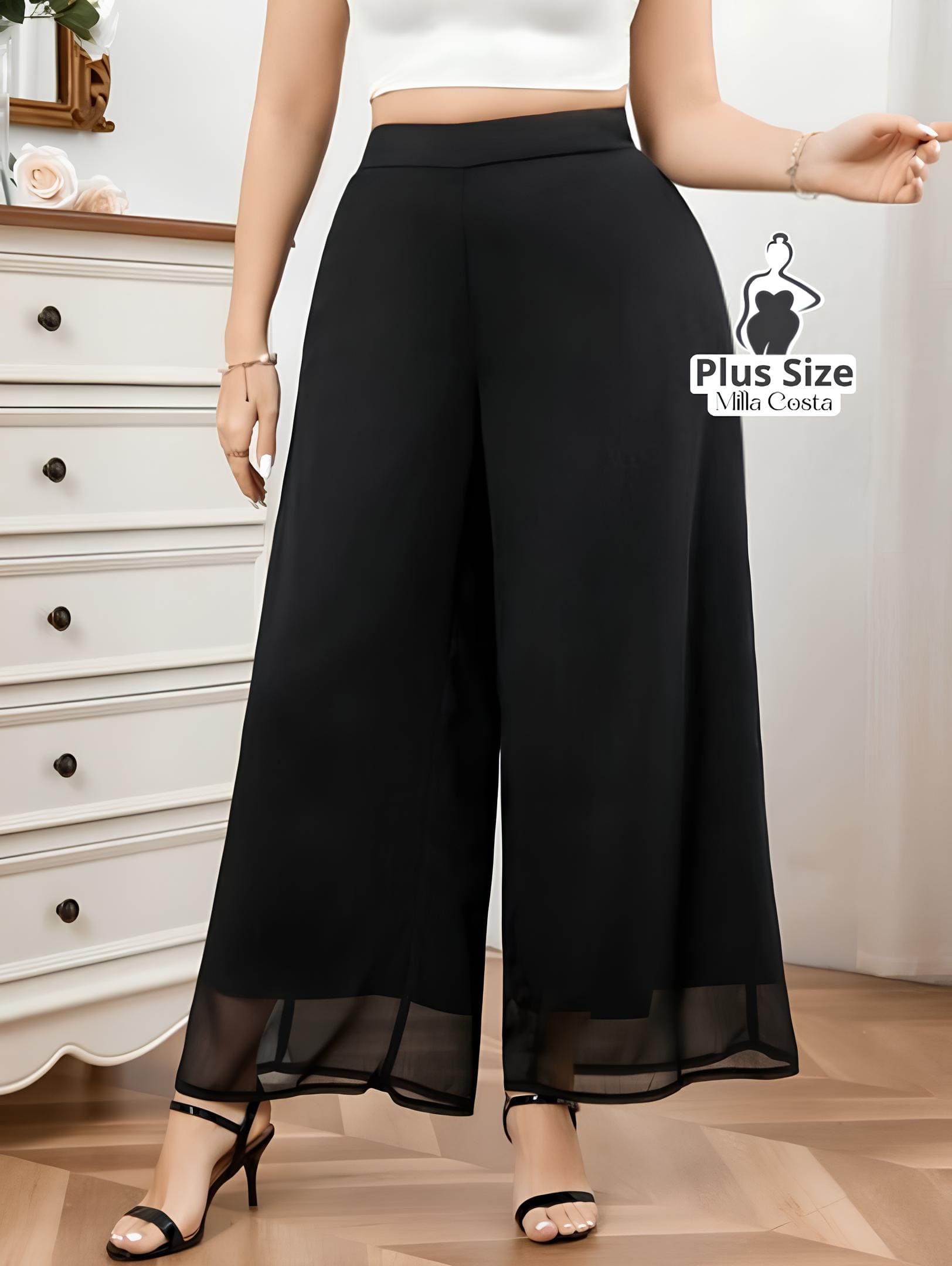 Calça Pantalona Elegante Com Acabamento Delicado Plus Size