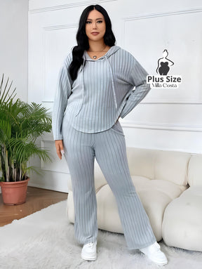 Conjunto de Loungewear Canelado Com Blusa de Capuz e Calça Plus Size