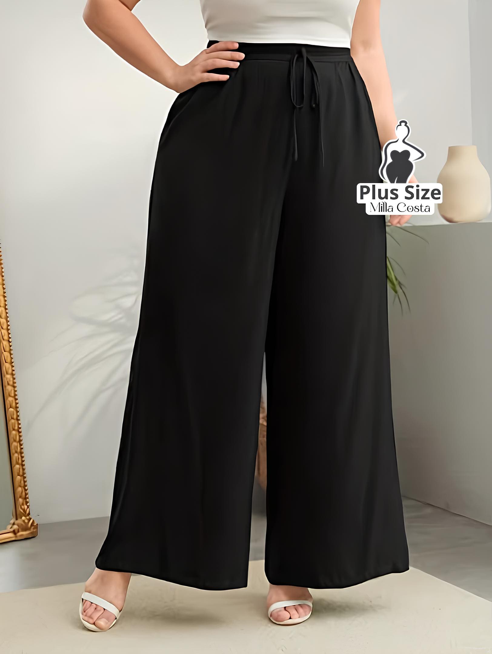 Calça Pantalona Com Amarração Confortável Plus Size