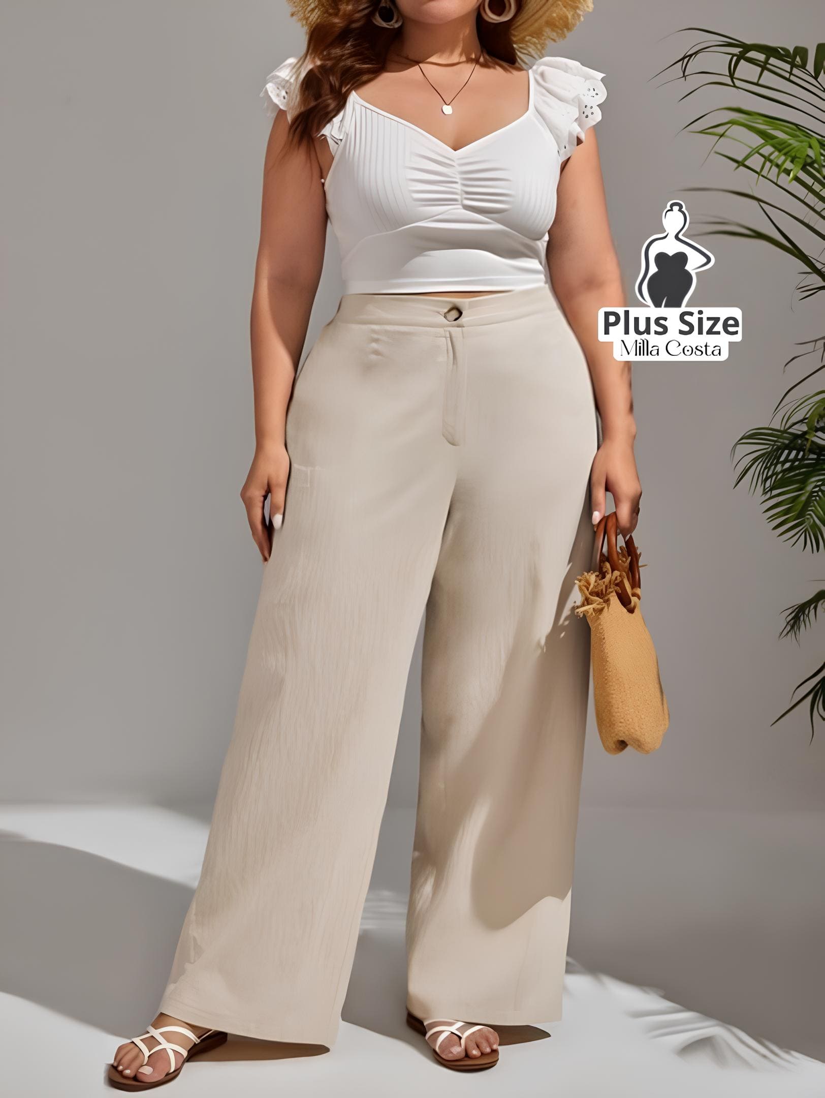 Calça Pantalona de Linho Com Fechamento Frontal Plus Size