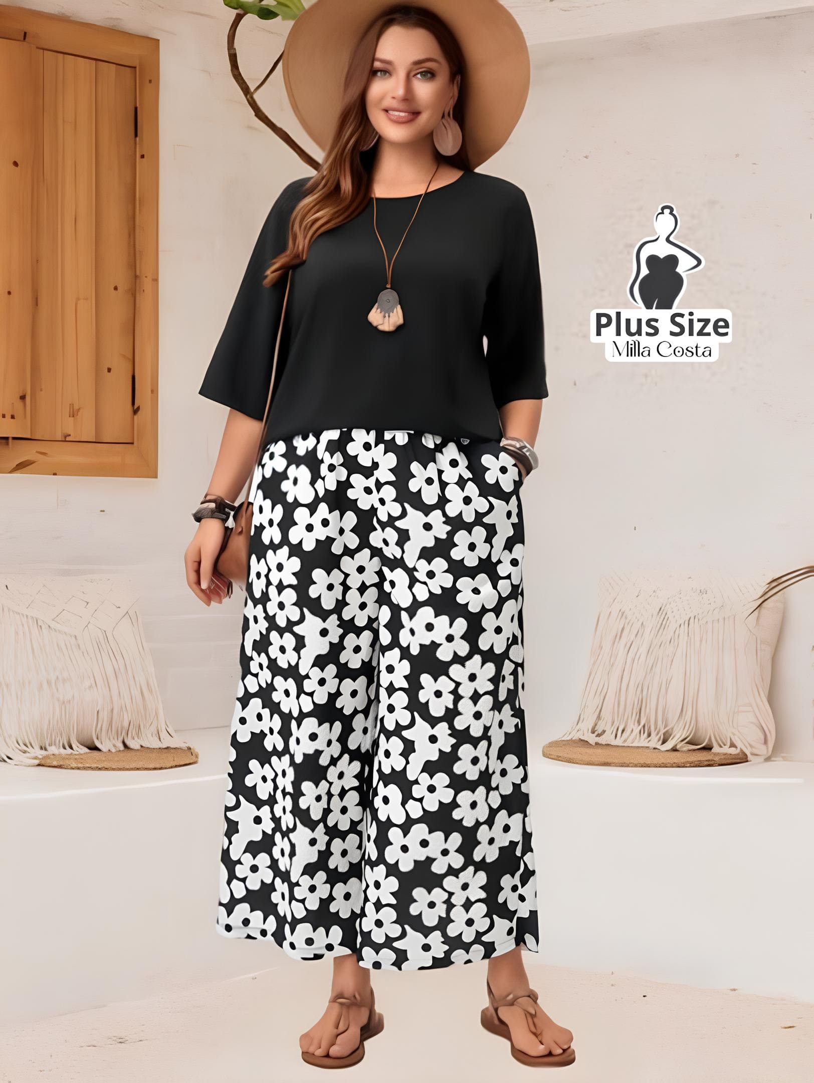 Conjunto Feminino com Blusa Solta e Calça Estampada Floral Plus Size