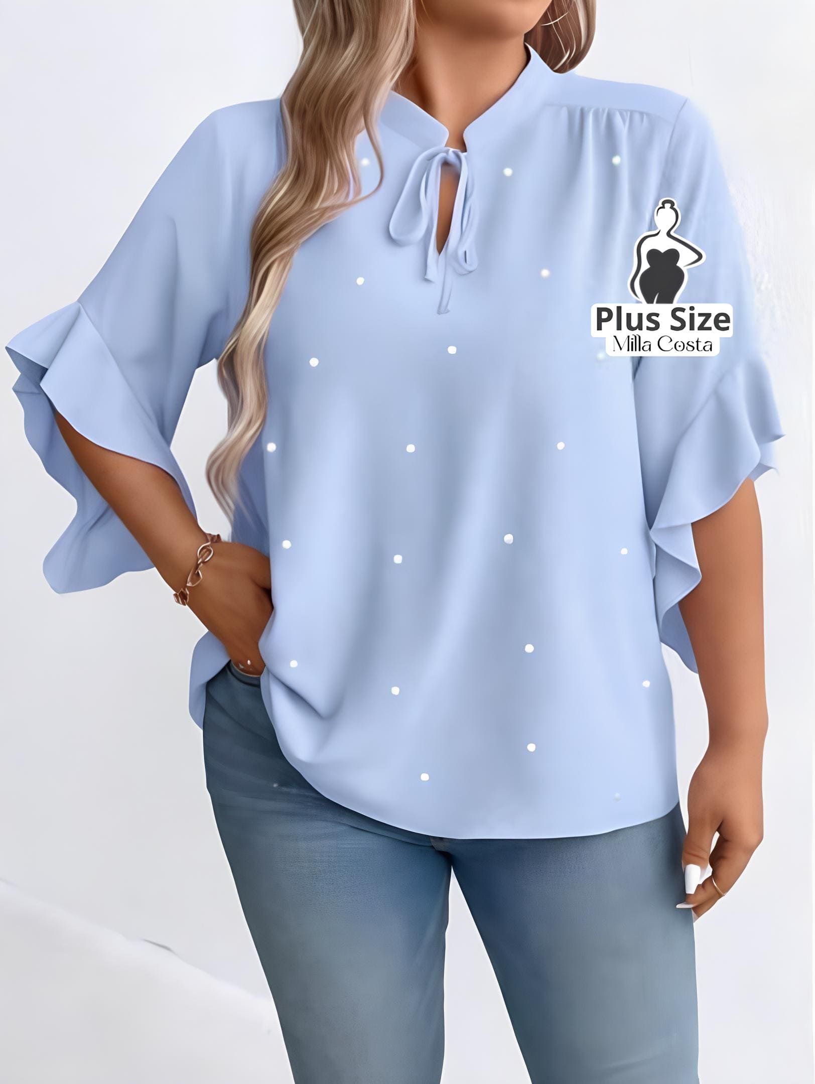 Blusa com Detalhe de Pérolas e Mangas Com Babados Plus Size