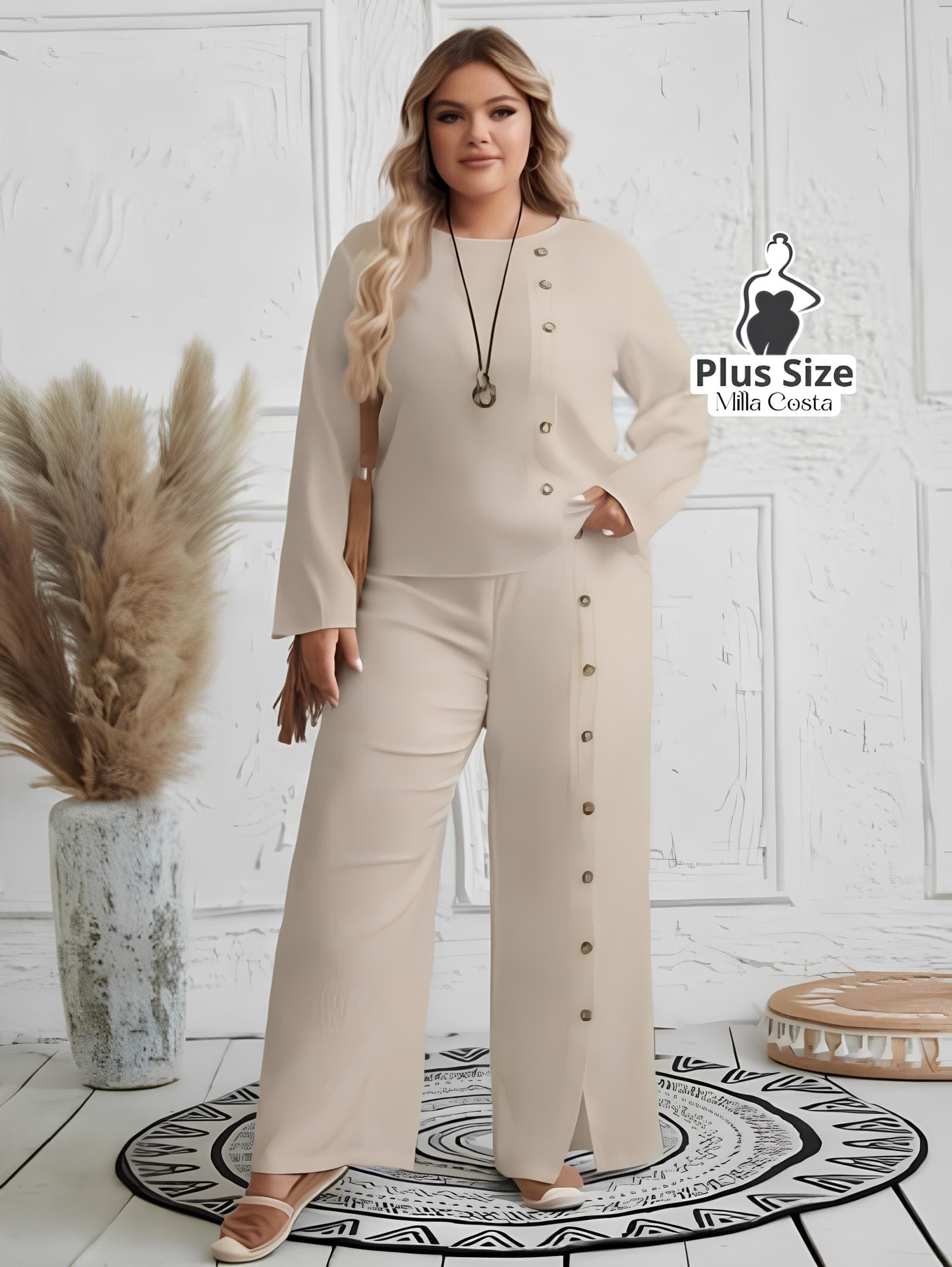 Conjunto Feminino de Blusa e Calça Com Detalhes de Botões Plus Size