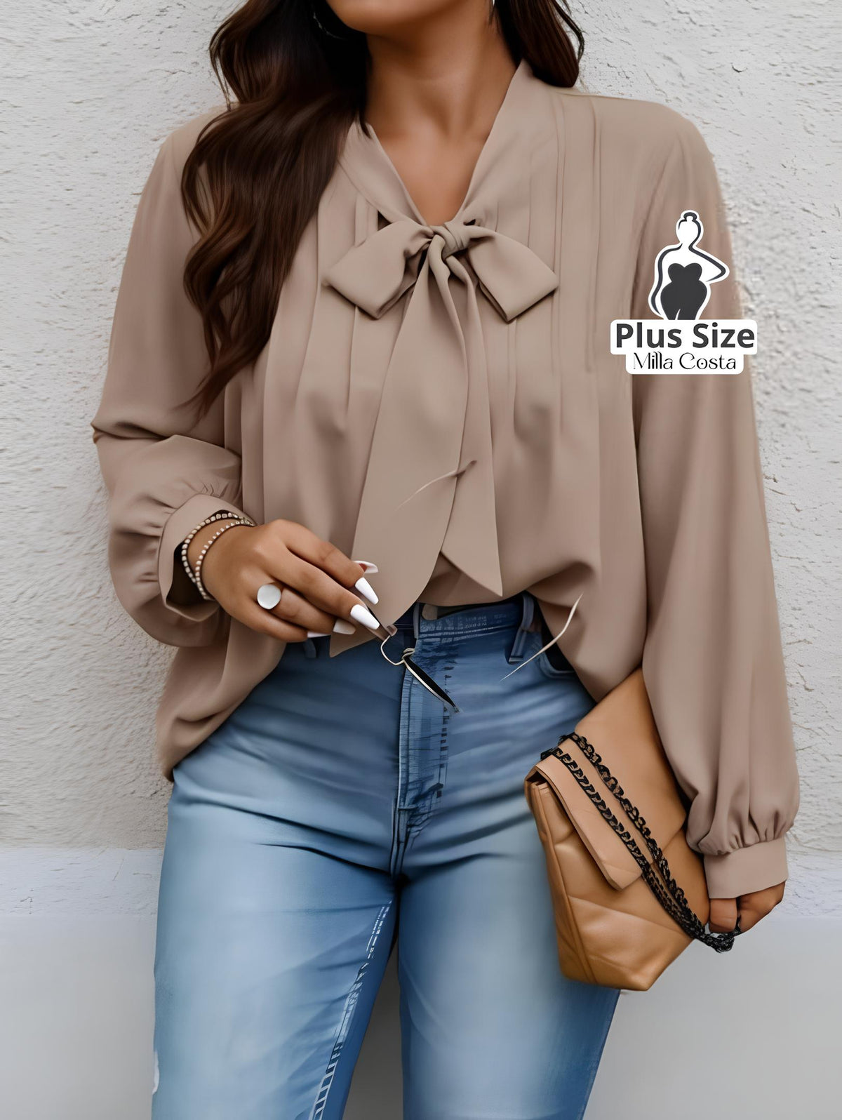 Blusa Com Laço e Manga Longa Elegante Plus Size