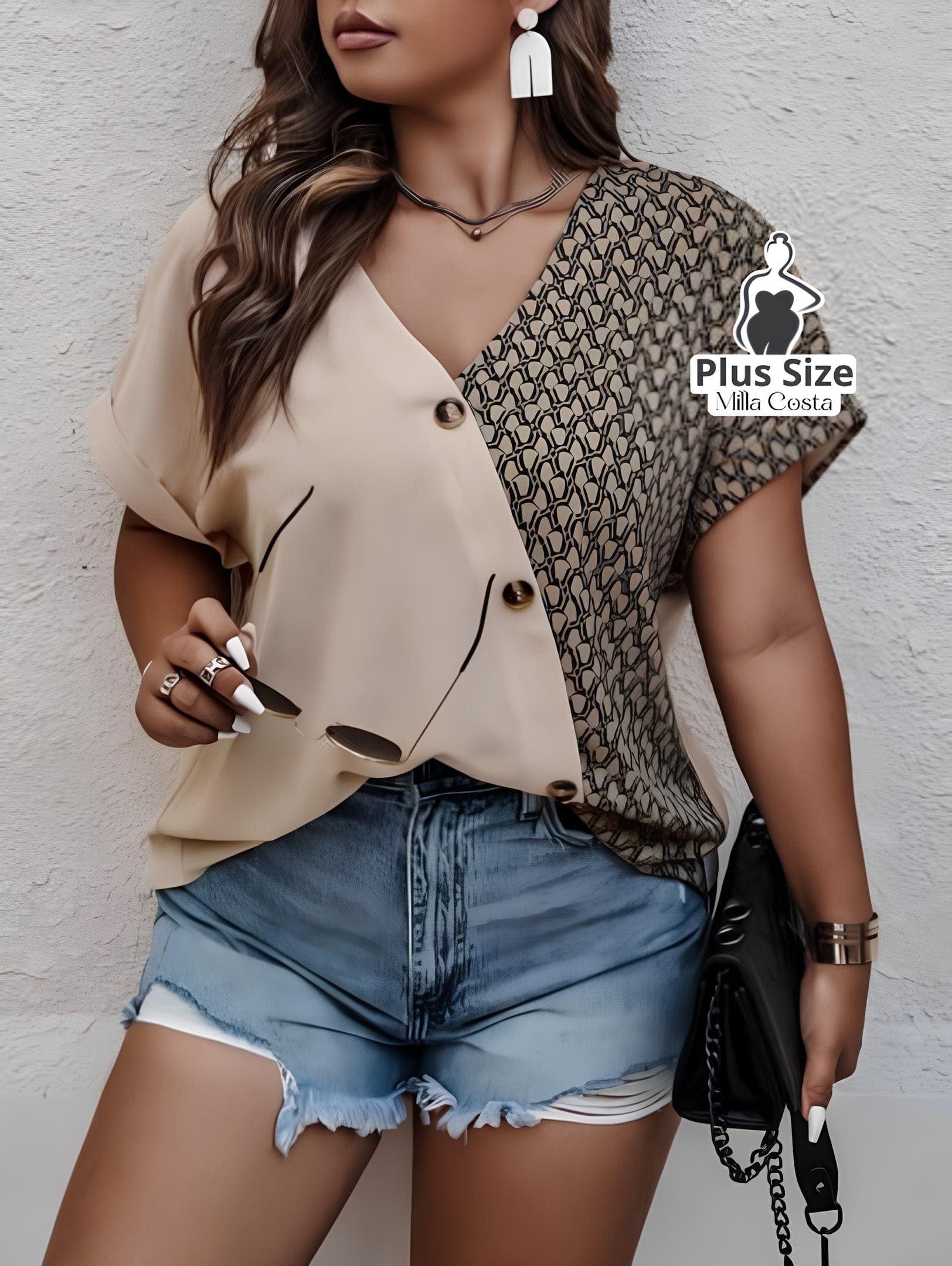 Blusa Assimétrica Com Botões Em Estilo Moderno Plus Size