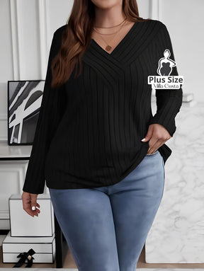 Blusa de Tricô Com Decote V e Detalhe Em Linhas Plus Size