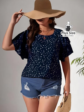 Blusa de Babados Com Estampa de Poás Plus Size