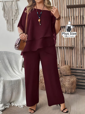 Conjunto Feminino de Blusa com Camadas e Calça Pantalona Plus Size