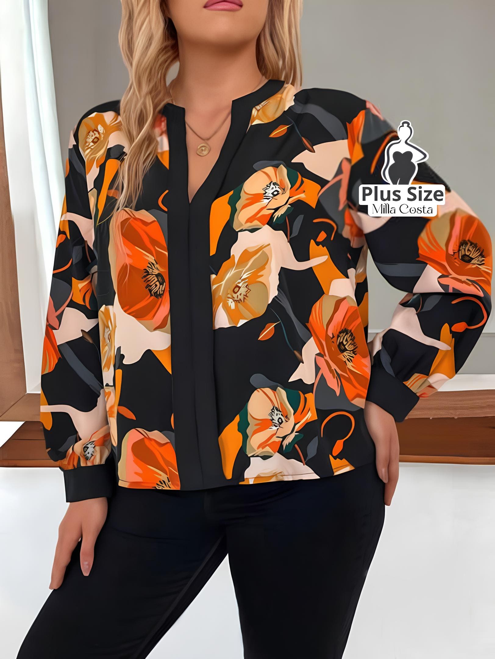 Blusa Estampada Floral de Manga Longa Bufante Plus Size