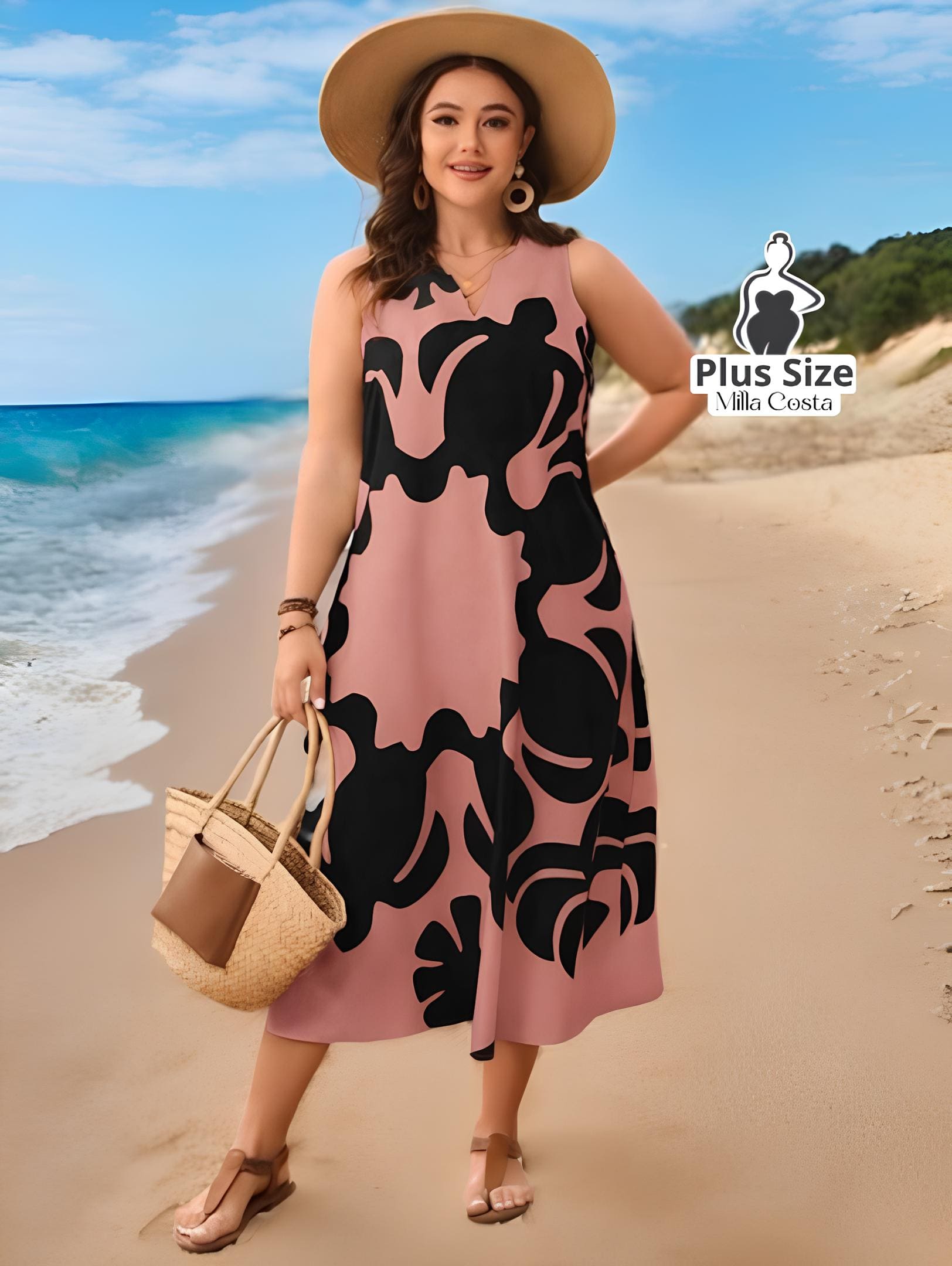 Vestido Longo Listrado com Decote V e Fenda Plus Size