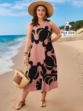 Vestido Longo Listrado com Decote V e Fenda Plus Size