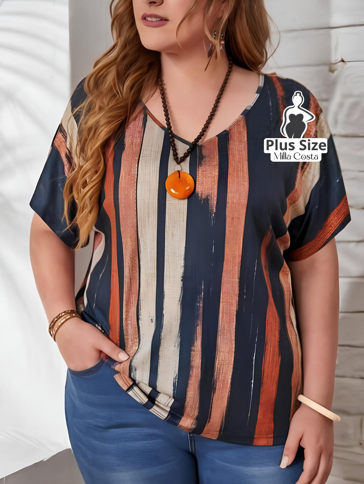 Blusa Elegante De Linhas Verticais Com Decote V Plus Size