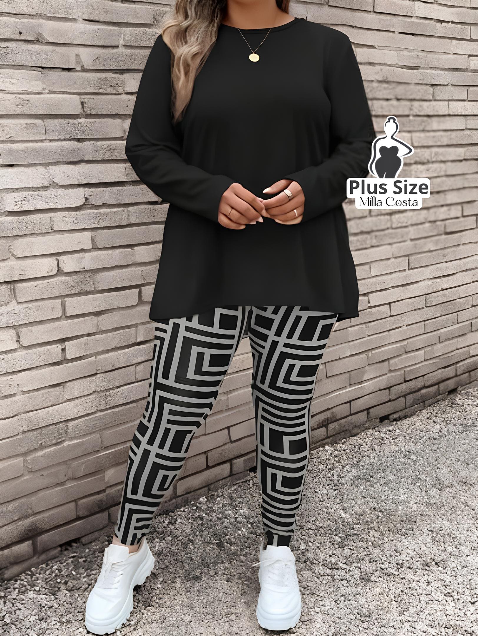 Conjunto de Blusa Longa e Legging Estampada Geométrica Plus Size