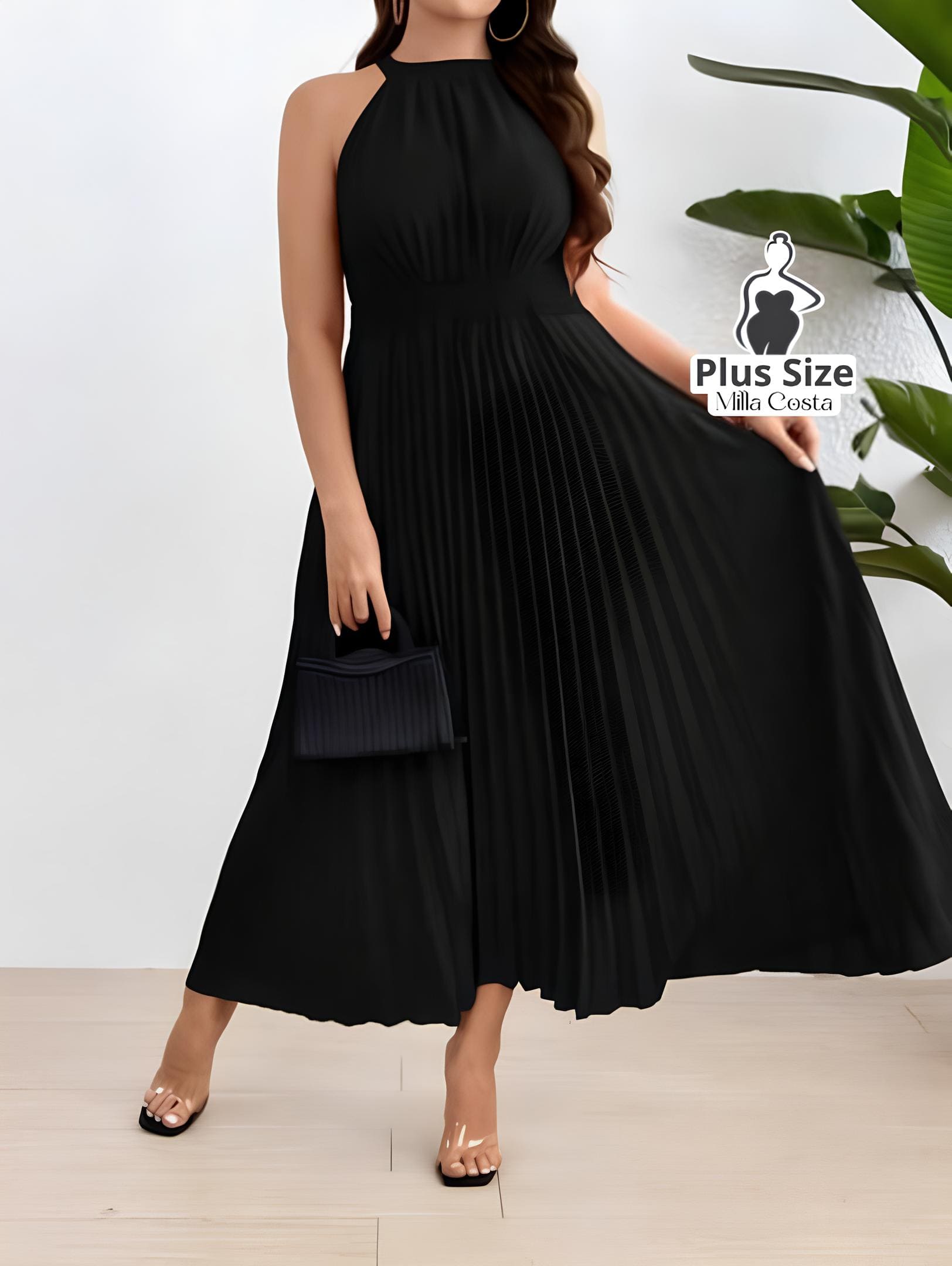 Vestido Longo Plissado com Gola Alta Plus Size