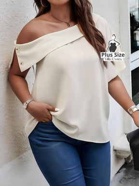 Blusa Ombro Caído Com Detalhe de Botão Plus Size