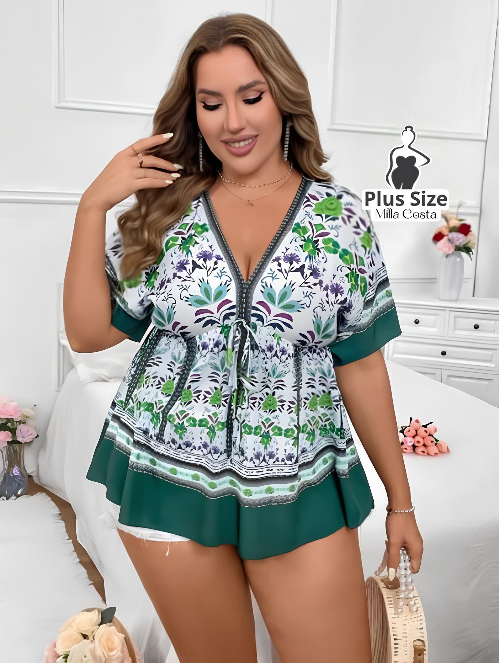 Blusa Estampada Floral Com Ajuste na Cintura Plus Size