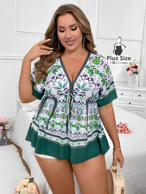 Blusa Estampada Floral Com Ajuste na Cintura Plus Size