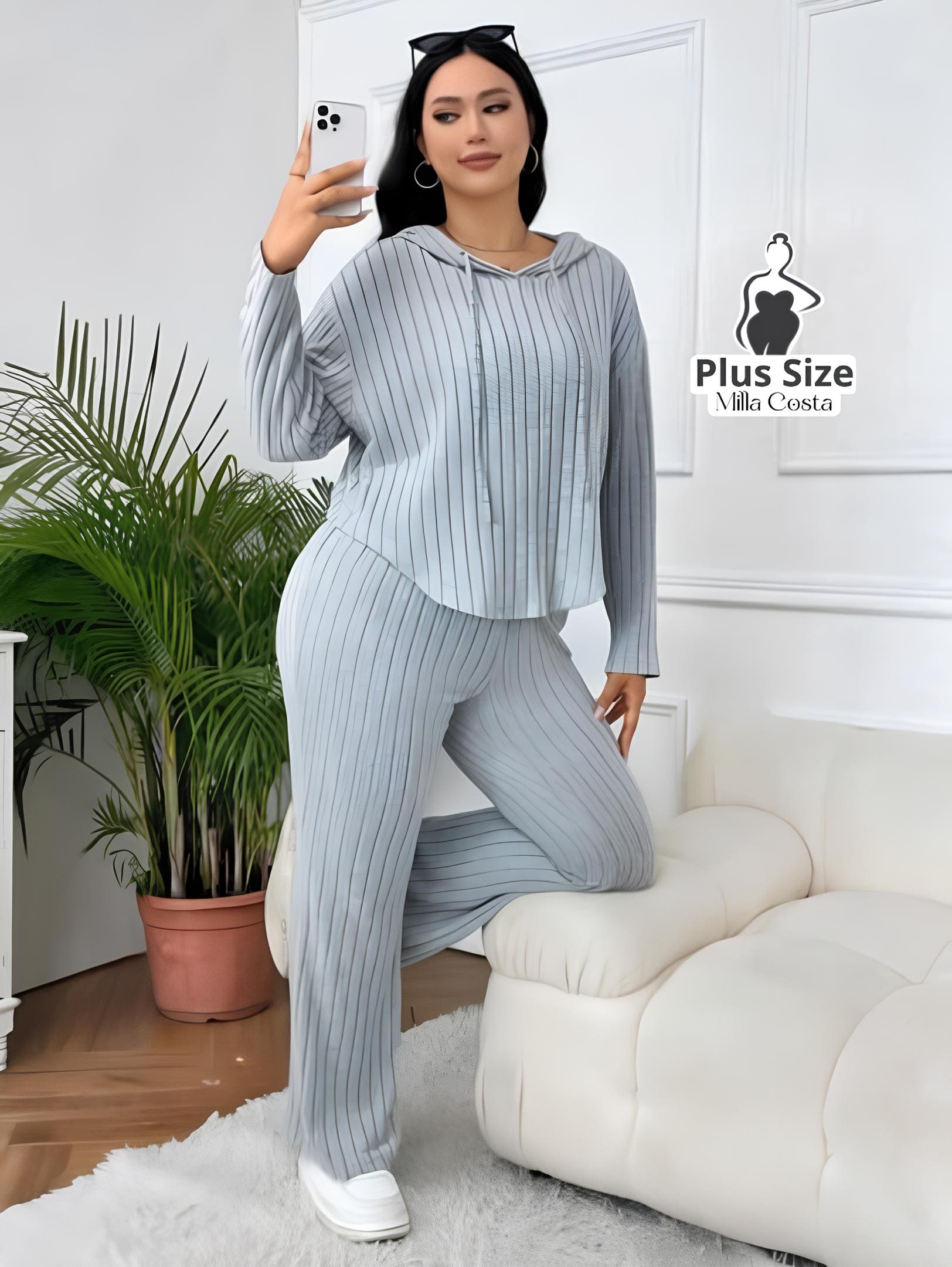 Conjunto de Loungewear Canelado Com Blusa de Capuz e Calça Plus Size