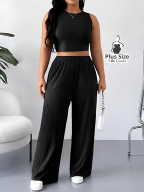 Conjunto Elegante Com Top Cropped e Calça Flare Texturizada Plus Size