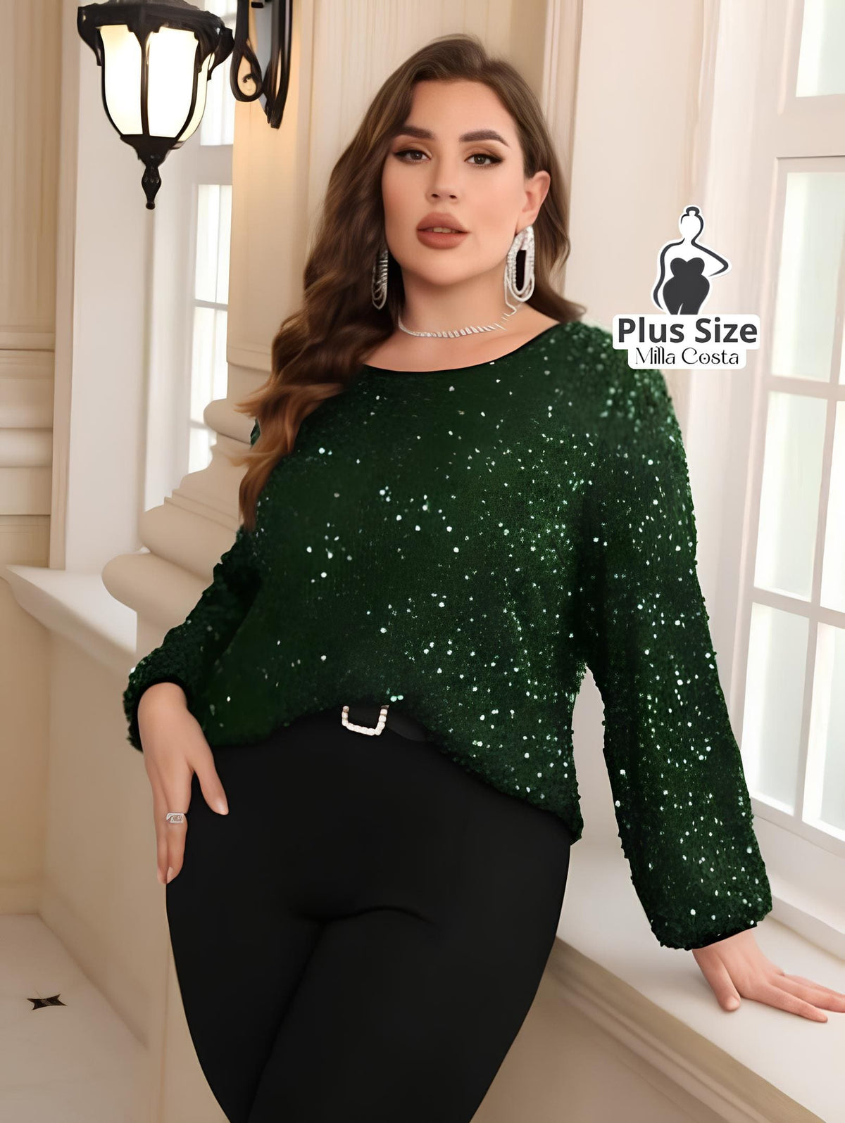 Blusa de Paetês Com Mangas Longas Elegante Plus Size