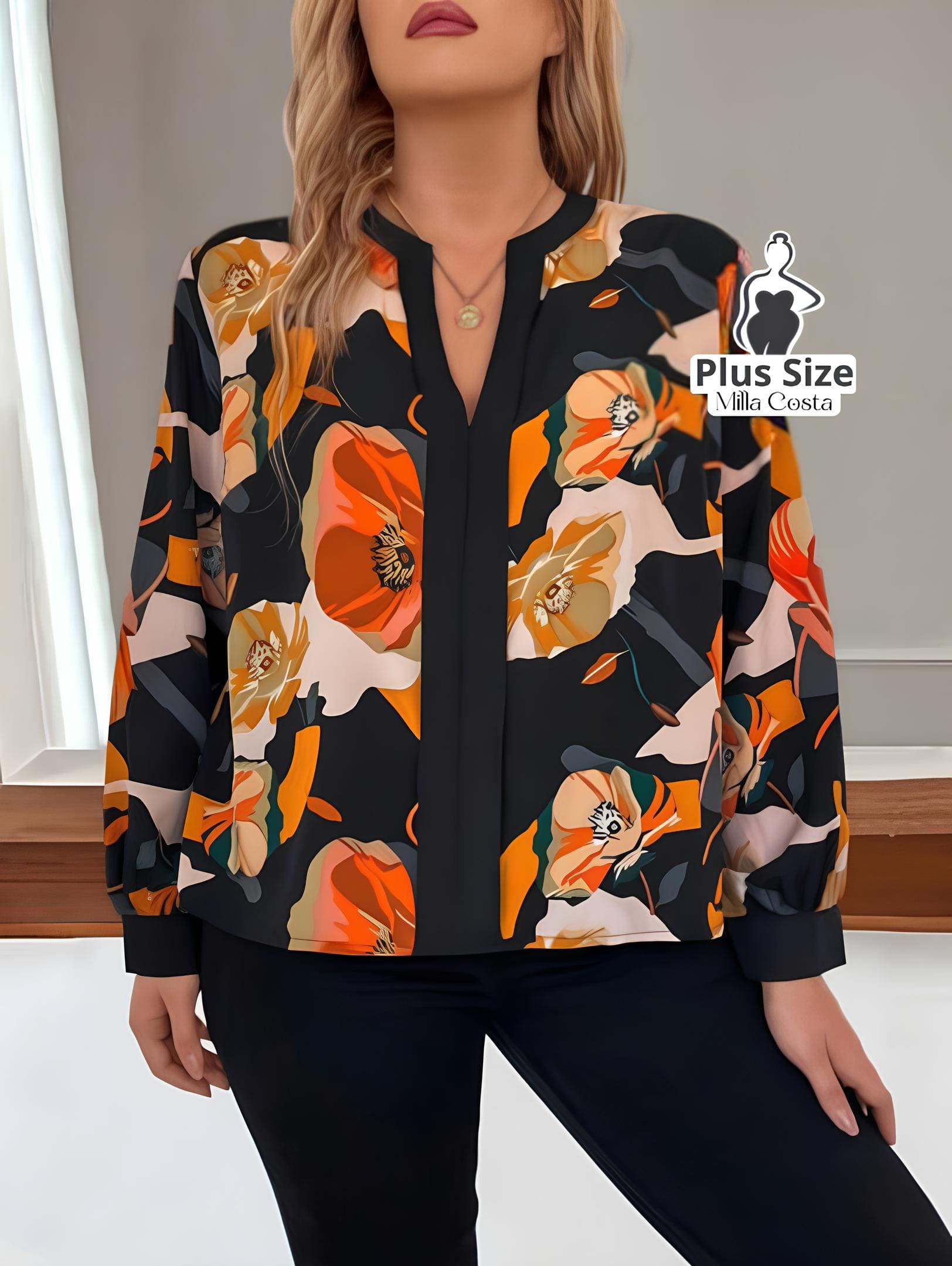 Blusa Estampada Floral de Manga Longa Bufante Plus Size