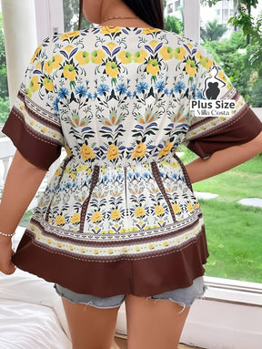 Blusa Estampada Floral Com Ajuste na Cintura Plus Size