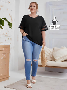 Blusa Básica Com Detalhe De Transparência Nas Mangas Plus Size