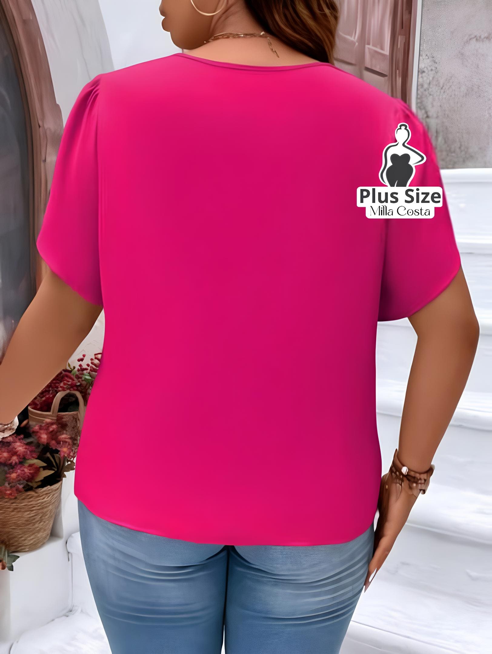 Blusa Com Decote Em Zíper e Mangas Amplas Plus Size