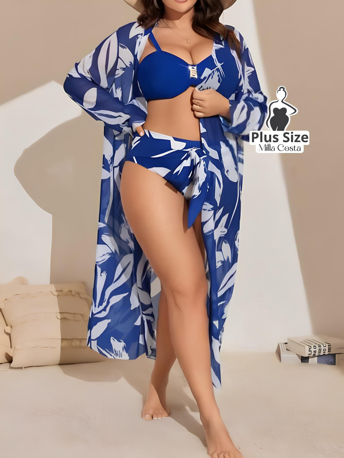 Conjunto Elegante De Biquíni Com Kimono Estampado Plus Size