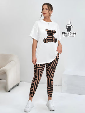 Conjunto Feminino com Blusa Estampada de Urso e Legging Geométrica Plus Size