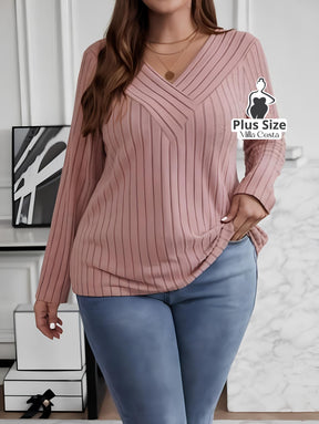 Blusa de Tricô Com Decote V e Detalhe Em Linhas Plus Size