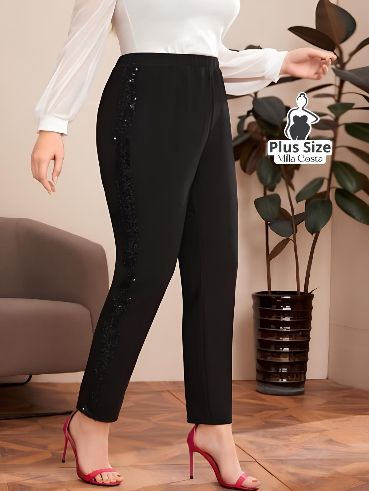 Calça Social Com Detalhe de Lantejoulas Nas Laterais Plus Size