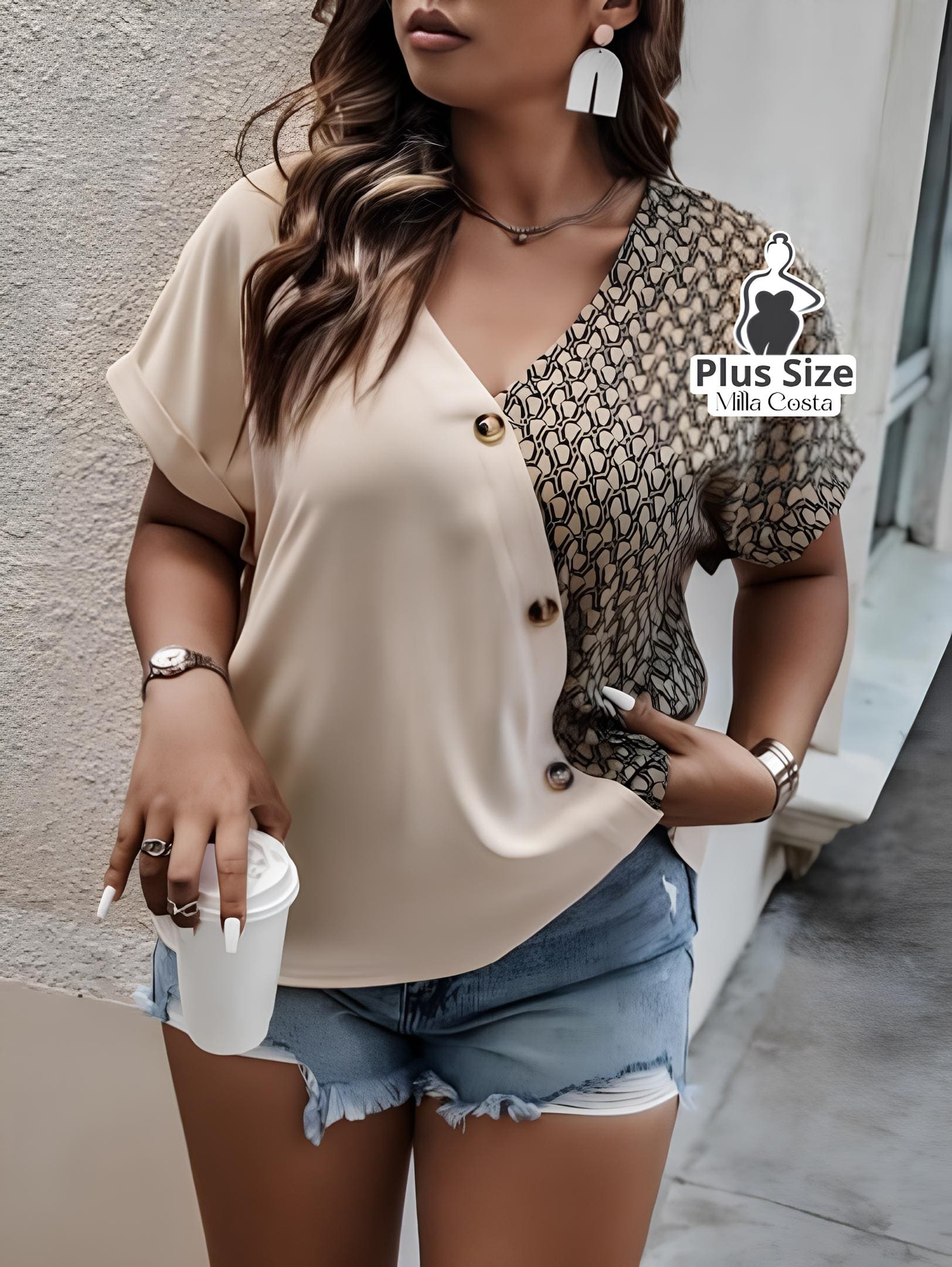 Blusa Assimétrica Com Botões Em Estilo Moderno Plus Size