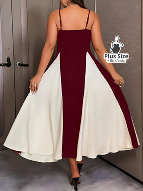 Vestido Midi Bicolor com Alças Finas e Saia Ampla Plus Size