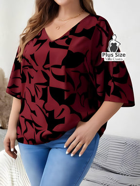 Blusa Estampada Com Mangas Amplas e Decote Em V Plus Size