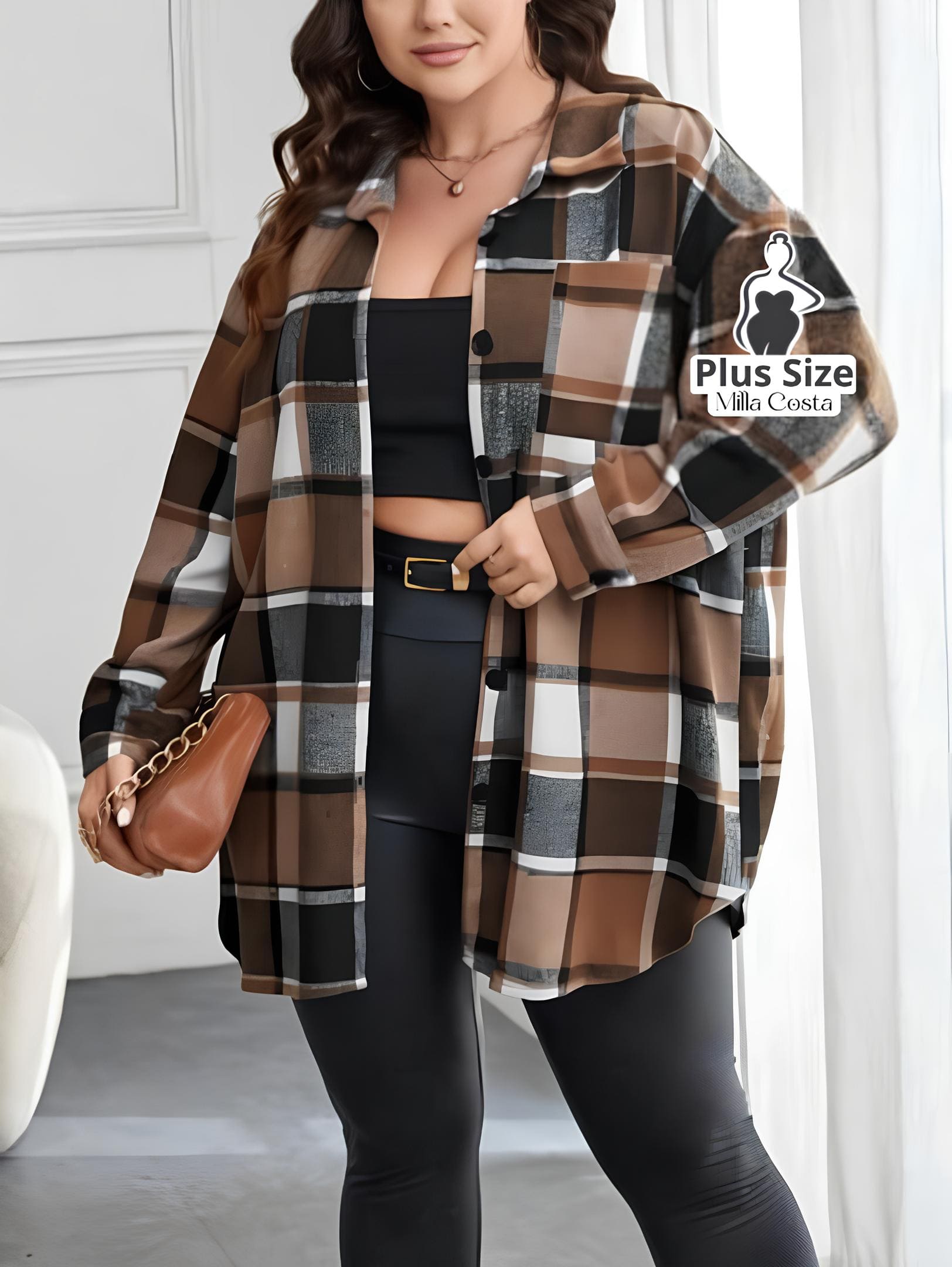 Camisa Oversized Xadrez Com Bolsos Plus Size