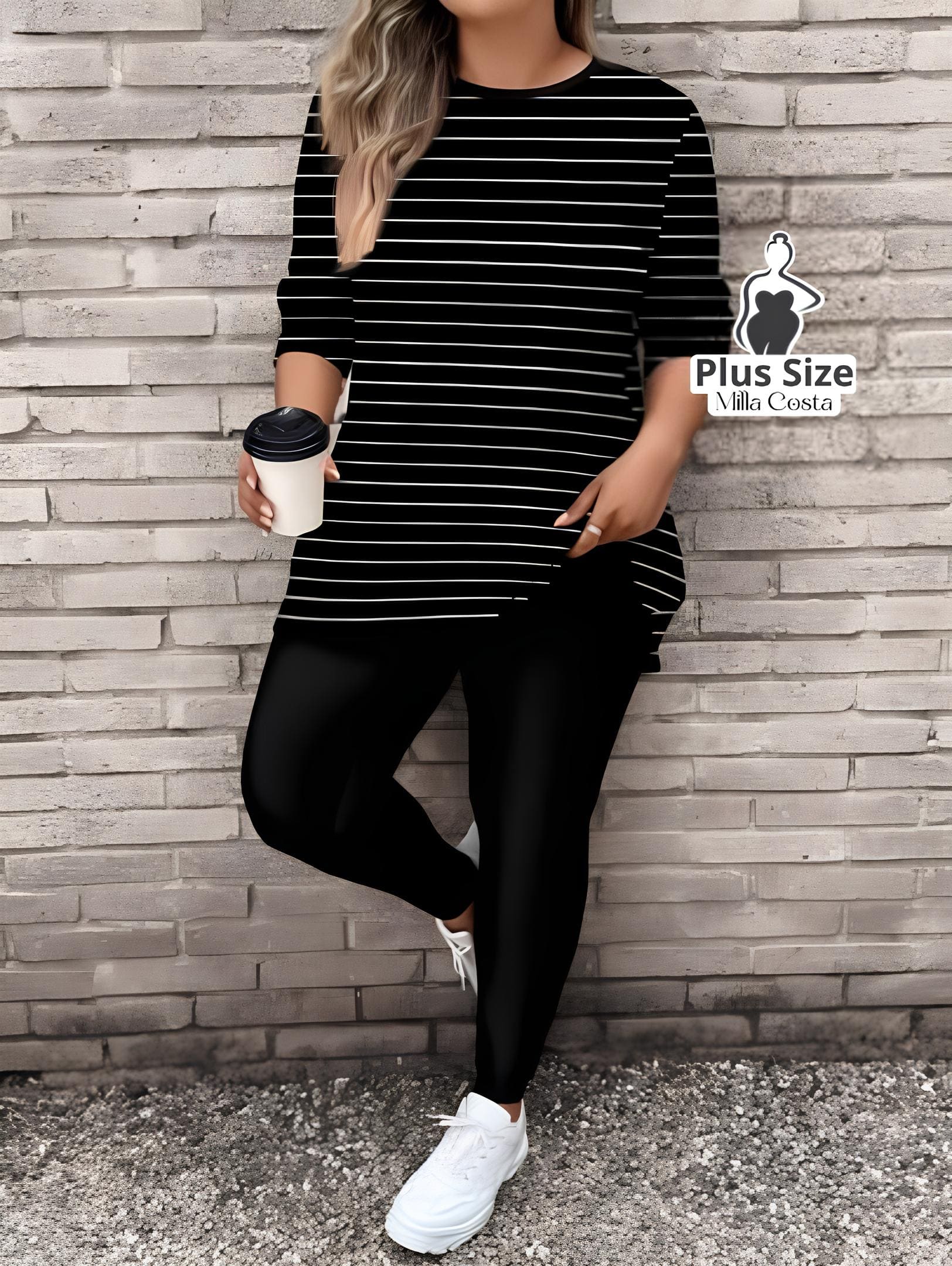 Conjunto de Blusa Longa e Legging Estampada Geométrica Plus Size