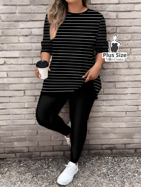 Conjunto de Blusa Longa e Legging Estampada Geométrica Plus Size