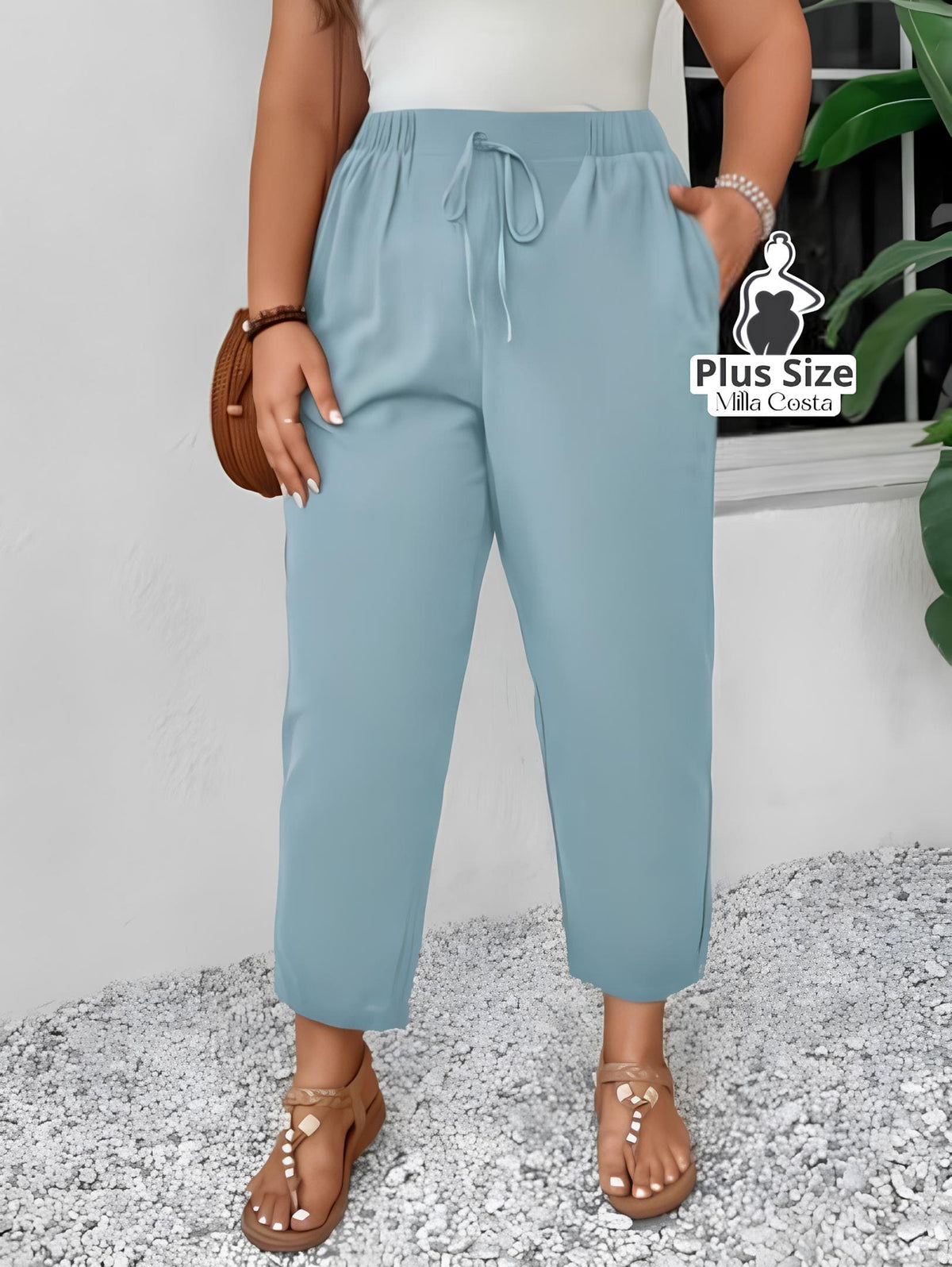 Calça de Cintura Alta Com Cordão Ajustável Plus Size